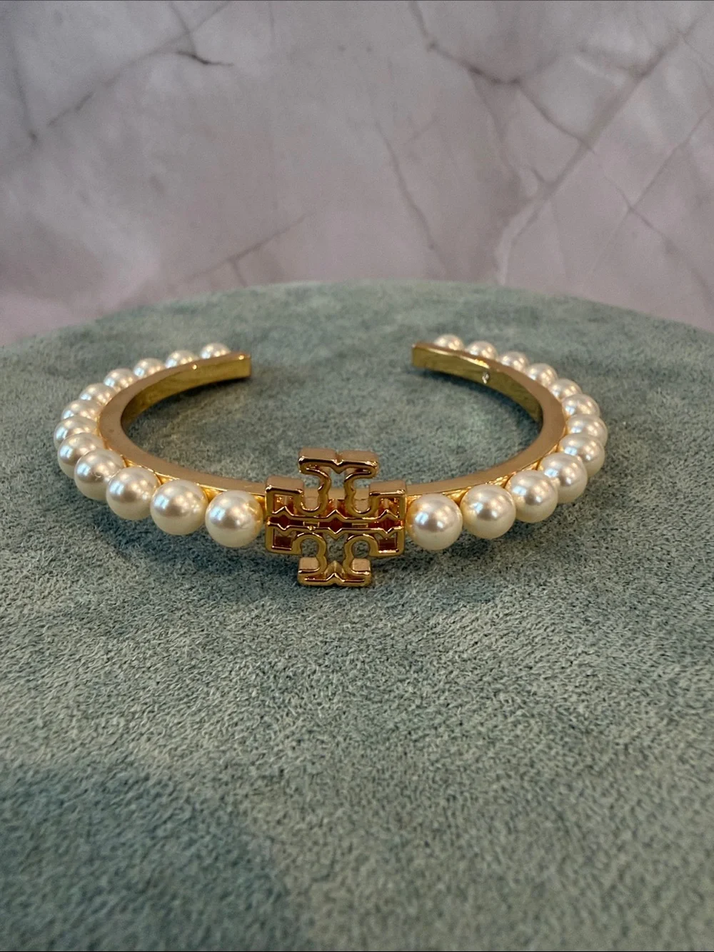 Tory Burch | Gold Plated & Pearl-Accented Cuff Bracelet | Small/Medium